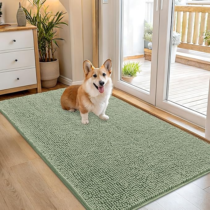 OLANLY Dog Door Mat for Muddy Paws 54x32, Absorbs Moisture and Dirt, Absorbent Non-Slip Washable Doormat, Quick Dry Chenille Mud Mat for Dogs, Entry Indoor Entryway Carpet for Inside Floor, Sage Green by OLANLY