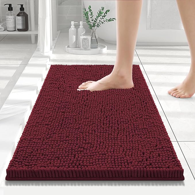 Smiry Luxury Chenille Bathroom Rugs 24x16, Extra Soft and Absorbent Shaggy Bath Mat, Machine Washable, Non-Slip Plush Carpet Runner for Tub, Shower, and Floor, Home Decor Accessories, Burgundy by Smiry