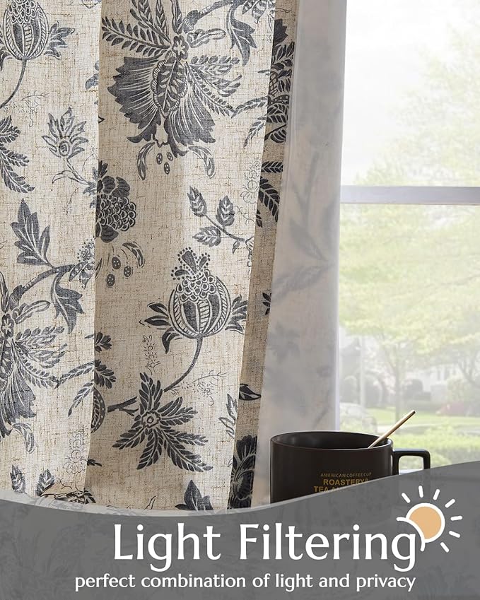 jinchan Lined Linen Floral Curtains for Living Room, 84 Inch Length Printed Flower Farmhouse Patterned French Country Back Tab Black Window Drapes Set Privacy Bedroom Curtains, 2 Panels - Image 3