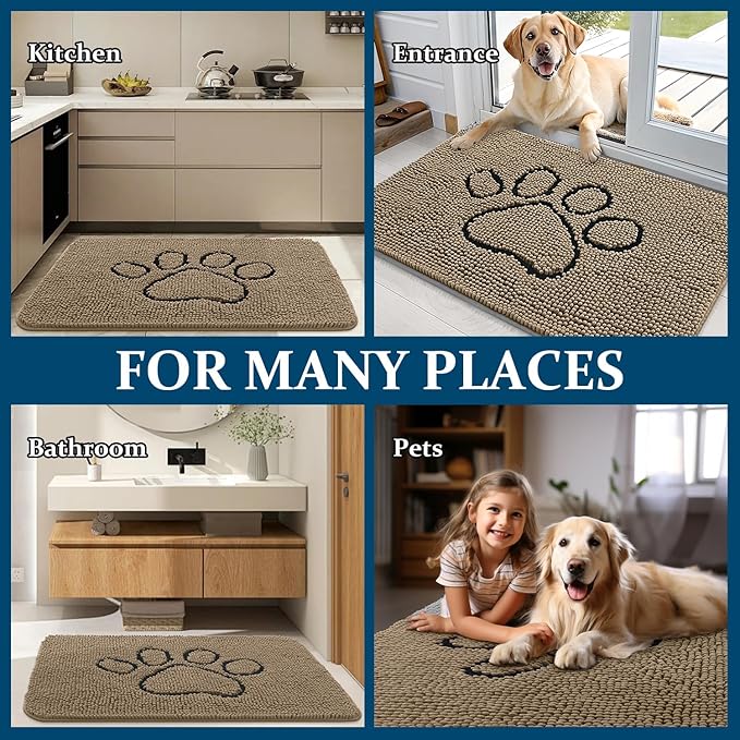 OLANLY Dog Door Mat for Muddy Paws 47x24, Paw Print Design, Absorbs Moisture and Dirt, Absorbent Non-Slip Washable Doormat, Quick Dry Chenille Mud Mat for Dogs, Entry Indoor Entryway Carpet, Tan - Image 8