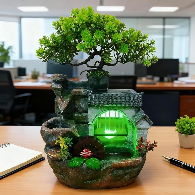 11" Desktop Fountain Rock Waterfall Humidifier with Artificial Tree &LED Light, Tabletop Water Fountains Indoor Fake Plant Bonsai Tree Feng Shui Decoration for Aquariums Office Bedroom Home Décor - Image 4