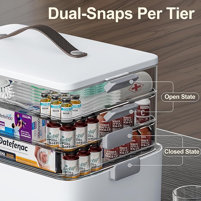 CTIME 4-Tier XL Medicine Organizer with Leather Handle - Portable Pill Case & Empty First Aid Kit for Home, Travel, RV, School, Dorm | Ideal Elderly Gift - Image 5