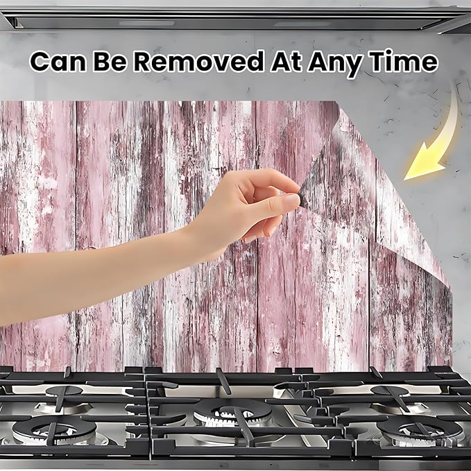 NYZE Kitchen Backsplash Stickers Waterproof Stove Backsplash Protector, 30 X 16 inch Removable Kitchen Wallpaper with Wall Art Decor for Stove Cooking Area(Pink Distressed Wood) - Image 4