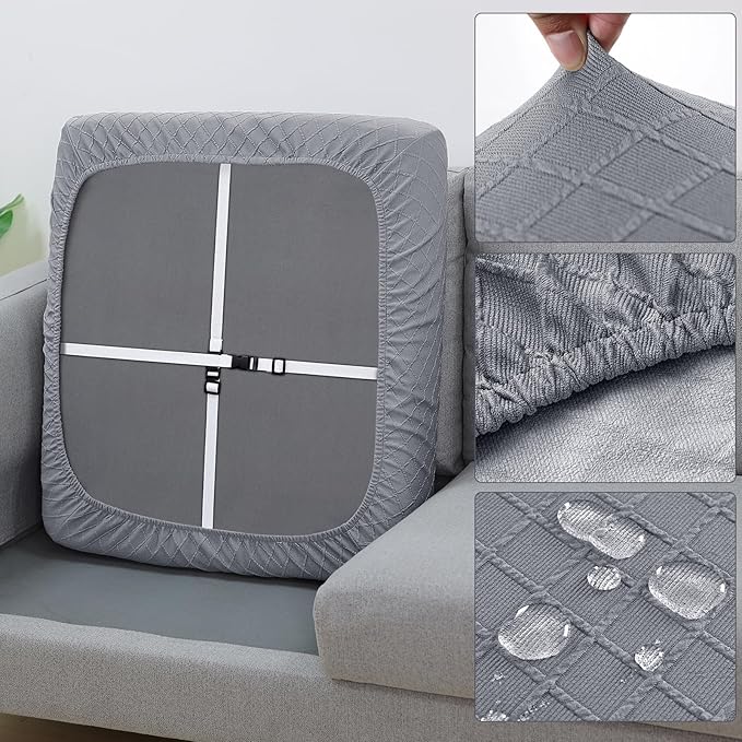 Fuloon Waterproof Seat Cushion Covers 2 PCS, Stretch Sofa Cushion Slipcovers Couch Covers Solid Washable Furniture Protector Suitable for Armchair Loveseat Sofa (Light Grey) - Image 4