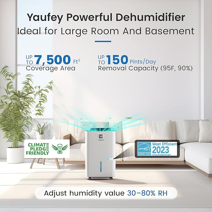 Yaufey 150 Pints Energy Star Dehumidifier with Pump for Home, Basement and Large Room up to 7500 Sq. Ft., With Drain Hose, Timer, Intelligent Humidity Control and Large Water Tank - Image 2