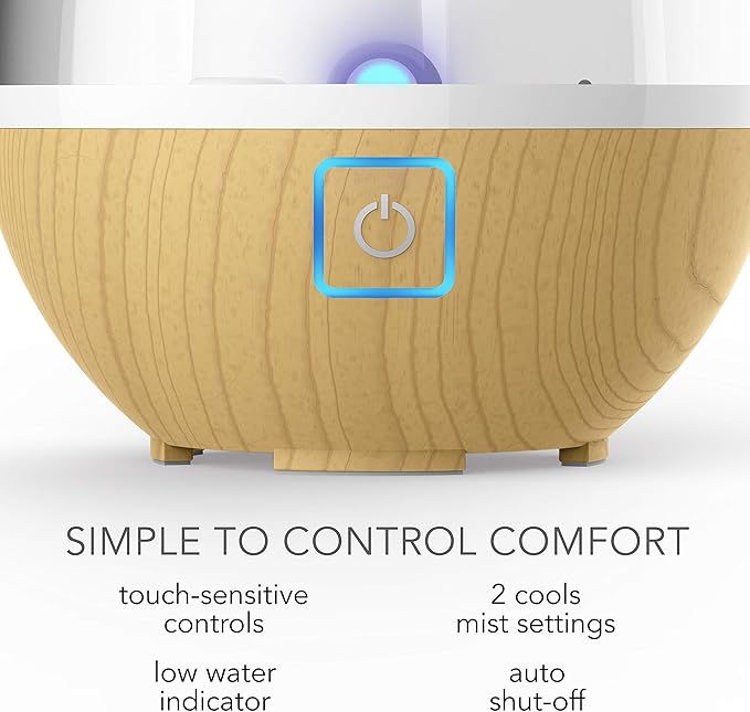 Sharper Image UHT1-SI Ultrasonic Cool Mist Humidifier, 0.4 Gallon (1.5L) Water Tank, 2 Settings, Auto Shut-Off, 360° Rotatable Nozzle, Illuminated Touch Control, LED Nightlight, Ash Woodgrain - Image 3