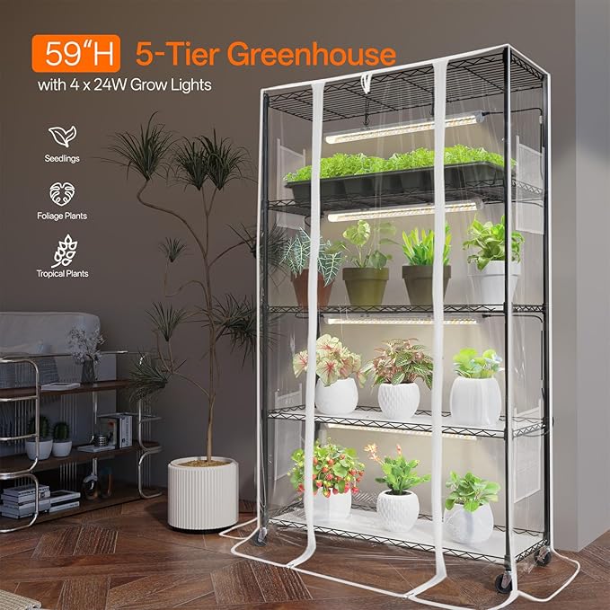 Bstrip Indoor Greenhouse with Grow Light, Mini Green House with 4 Pack 24W Full Spectrum Plant Lights with Timer, Plant Shelf with Tent for Indoor Plant, Seed Starting, Seed Tray, 35.4"x13.8"x59" - Image 3