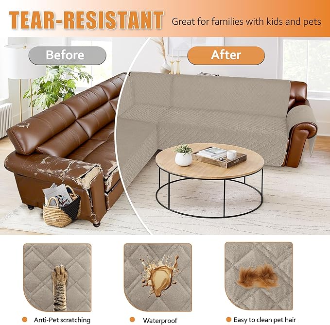 Arfntevss Waterproof Sectional Couch Covers L Shape Washable Velvet Sofa Cover for Sectional Non Slip U Shaped Corner Sofa Slipcover Sets Dog 6 Pcs Universal Furniture Protector (Light Khaki, Small) - Image 7