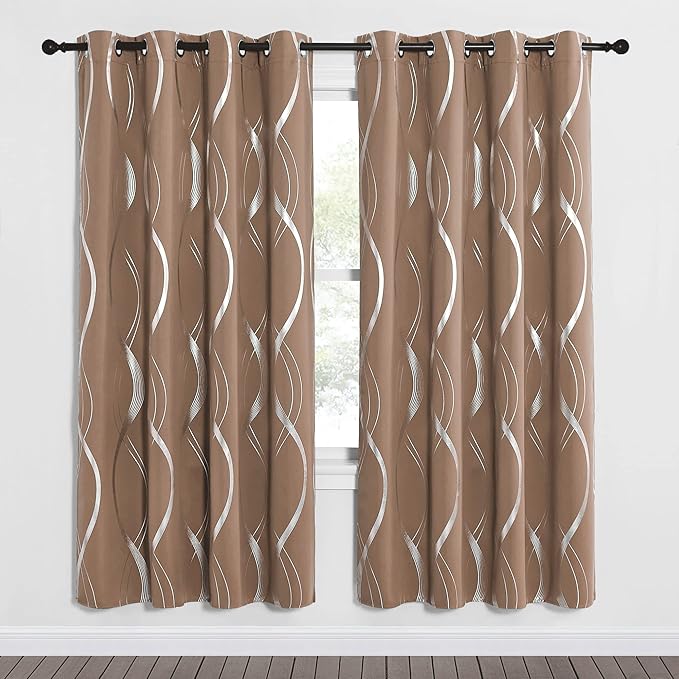 NICETOWN Blackout Curtains Panels for Bedroom - Microfiber Noise Reducing Thermal Insulated Wave Line Foil Print Design Drapes for Patio Sliding Glass Door (Cappuccino, 2 Panels, 52 x 72 Inch) - Image 2