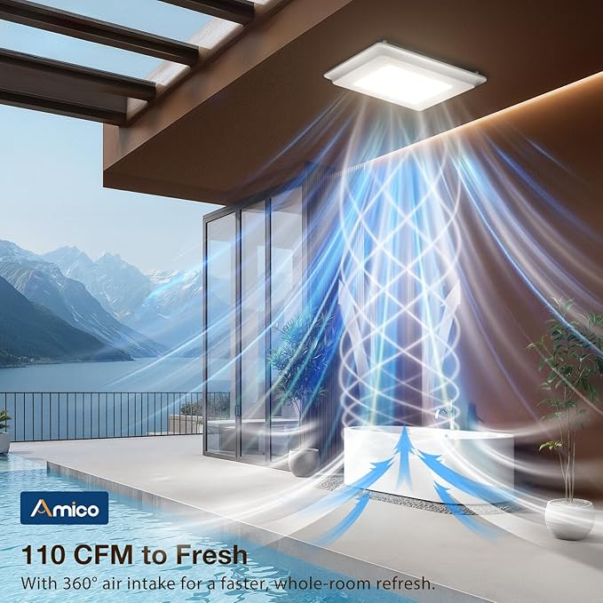 Amico Bathroom Exhaust Fan with Light, 110CFM, 1.0 Sones, 1000 LM, 5CCT, Easy Install, Ceiling Mount Shower Bathroom Fan, Adjustable Exhaust Vent with light, ETL & FCC Certified - Image 4