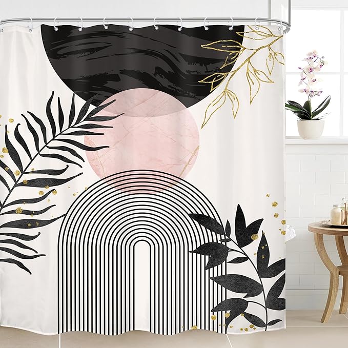 Black Pink Boho Shower Curtain Mid Century Modern Abstract Bohemian Minimalist Gold Leaves Sun Arch Geometric Plant 60Wx72H Bathroom Decor Neutral Bath Curtain Fabric Polyester 12 Pack Hooks by MitpokBrand