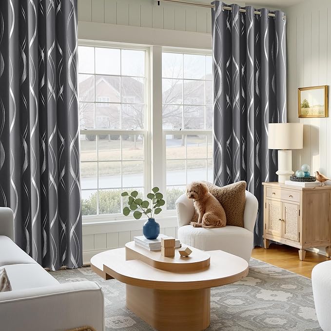 NICETOWN Grey Blackout Short Curtain for Apartments, W66 x L84, Noise Reducing Thermal Insulated Wave Line Foil Print Design Drapes for Living Room, 2 Panels - Image 3