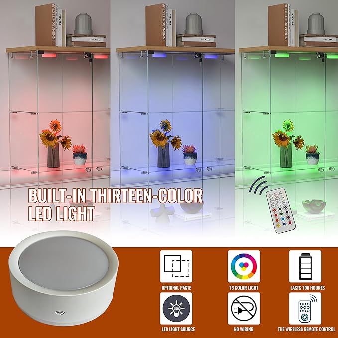Yoluckea 4-Tier Glass Display Cabinet with LED Lighting and 2 Drawers, 2-Door Floor Standing Curio Cabinet with Wheel for Home, Office, Corner Display,Natural Glass Bookshelf for Collections and Decor - Image 3