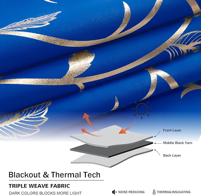 BUHUA Blackout Curtains Gold Foil Print Flower Vine Grommet Drapes, Room Darkening Thermal Insulated Curtains, Noise Reducing Curtain for Bedroom, Royal Blue, 52Wx84L, 2 Panels - Image 6