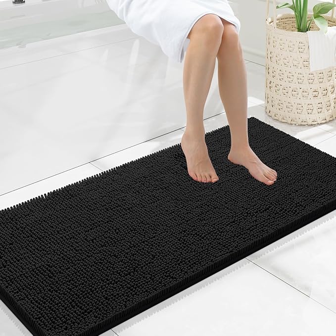 Smiry Luxury Chenille Bathroom Rugs 47x20, Extra Soft and Absorbent Shaggy Bath Mat, Machine Washable, Non-Slip Plush Carpet Runner for Tub, Shower, and Floor, Home Decor Accessories, Black by Smiry