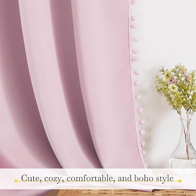 NICETOWN Pom Pom Blackout Curtains for Girls Bedroom Boho Pink Window Curtains for Nursery Rod Pocket Thermal Insulated Living Room Darkening Curtain Panels for Play Room, 52" W x 84" L, 2 Panels - Image 6