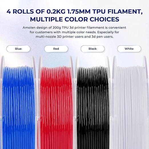 AMOLEN 3D Printer Filament, Flexible TPU Filament Bundle, 1.75mm TPU Filament Multicolor, Soft Filaments of High Elasticity, Supports High Speed, 200gX4 Spools(Black/White/Red/Blue) - Image 4