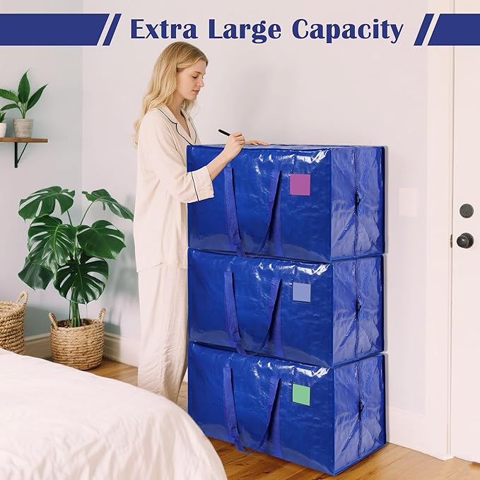 6 Pack Extra Large Heavy Duty Moving Bags with Reinforced Zipper & Wide Handles, Moisture-Resistant Storage Bins Packing Cubes for Clothes, College Dorm, Travel, and Home Organization, Blue - Image 4