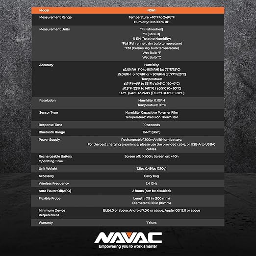 NAVAC NSH1 Bluetooth Psychrometer with Digital Display - HVAC Humidity & Temperature Diagnostics High Accuracy Sensor - One Button Operation, Easy Switch Knob, Rechargeable Battery - App Ready 7.8 oz - Image 7
