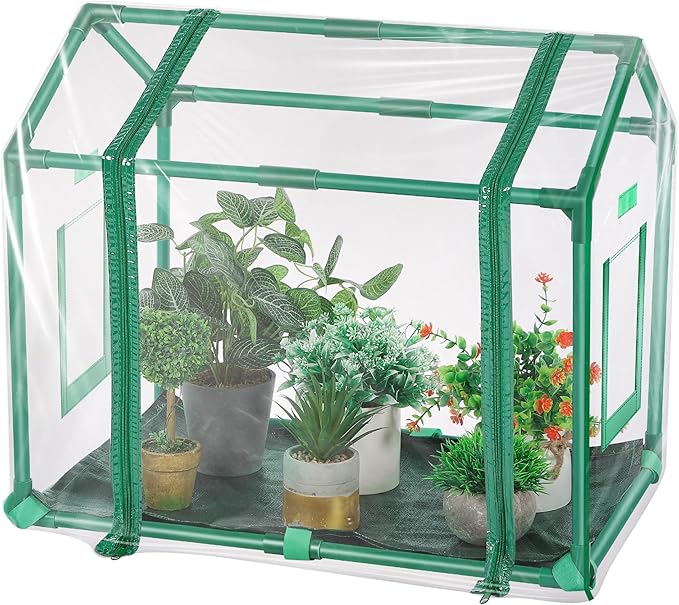 Mini Greenhouse with Potting Mat for Indoor Plant, Heavy Duty Portable Green House with Waterproof Pot Pad for Small Plants, Clear Small Plant Tent for Seed Humidity (Green) by Meonum