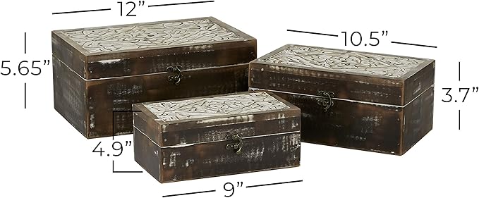 Deco 79 Wood Floral Handmade Decorative Box Decorative Keepsake Boxes with Hinged Lid, Set of 3 Storage Boxes 12", 11", 9"W, Brown - Image 10