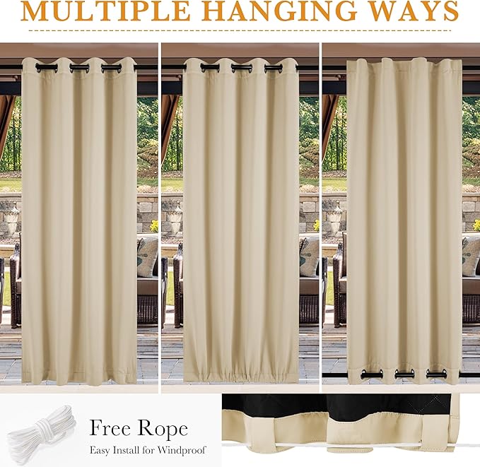 RYB HOME Outdoor Thermal Insulated Fade-Resistant Blackout Curtains 96 inches Long with Cotton Interlining for Winter, Waterproof Curtains for Patio Bedroom, W 52 x L 96, Biscotti Beige, 2 Panels - Image 6