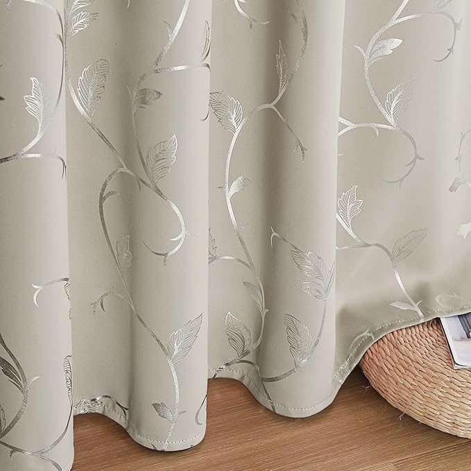BUHUA Blackout Curtains Silver Foil Print Flower Vine Grommet Drapes, Room Darkening Thermal Insulated Curtains, Noise Reducing Curtain for Bedroom, Natural, 52Wx63L, 2 Panels - Image 7