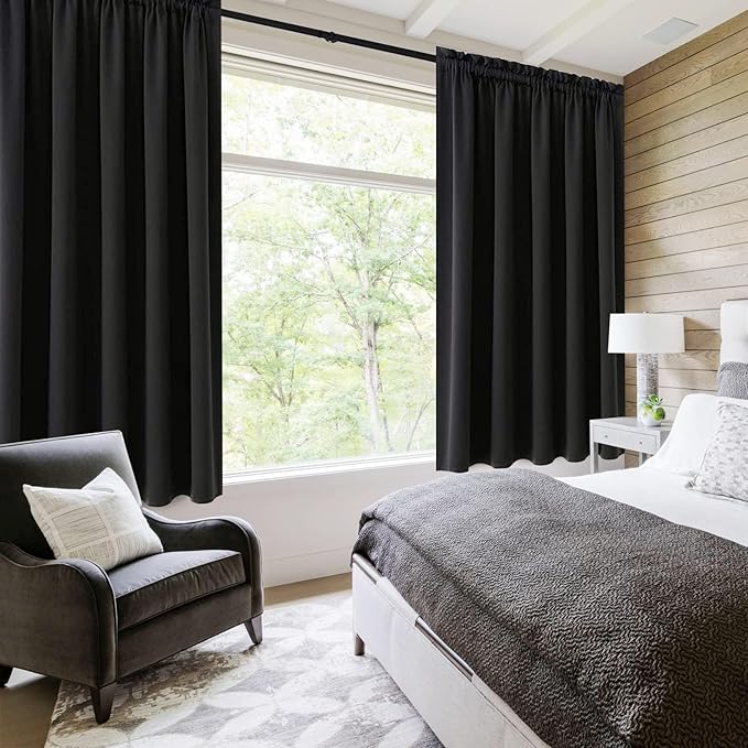 DWCN Blackout Curtains for Living Room Thermal Insulated, Energy Saving & Noise Reducing Bedroom Curtains, Black, W 70x L 63 Inch, Set of 2 Rod Pocket Curtain Panels - Image 2