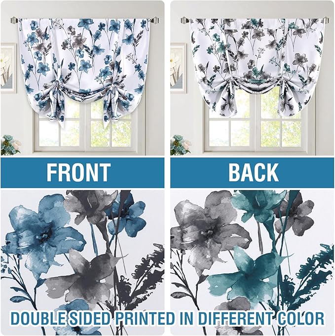 H.VERSAILTEX Double Sided Floral Pattern Printed Tie Up Curtains Thermal Insulated Blackout Short Curtain Bathroom Curtain Rod Pocket Panel - Reversible in Blue/Teal, 42 inches W x 63 inches L - Image 3
