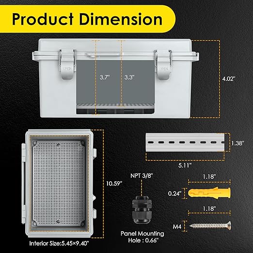 Waterproof Electrical Junction Box, IP67 ABS Plastic Junction Box Enclosure with Aluminum DIN Rail, Mounting Plate, Wall Brackets for WiFi Electronics Project, Grey (10.2''×6.3''×3.9'') - Image 3