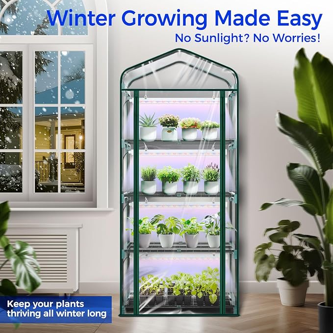 Indoor Greenhouse with Grow Light, Ohuhu 4-Tier Mini Green House for Winter - Full Spectrum Greenhouses for Seed Starting Small Portable Green Houses Waterproof PVC Cover & Adjustable Shelves - Image 5