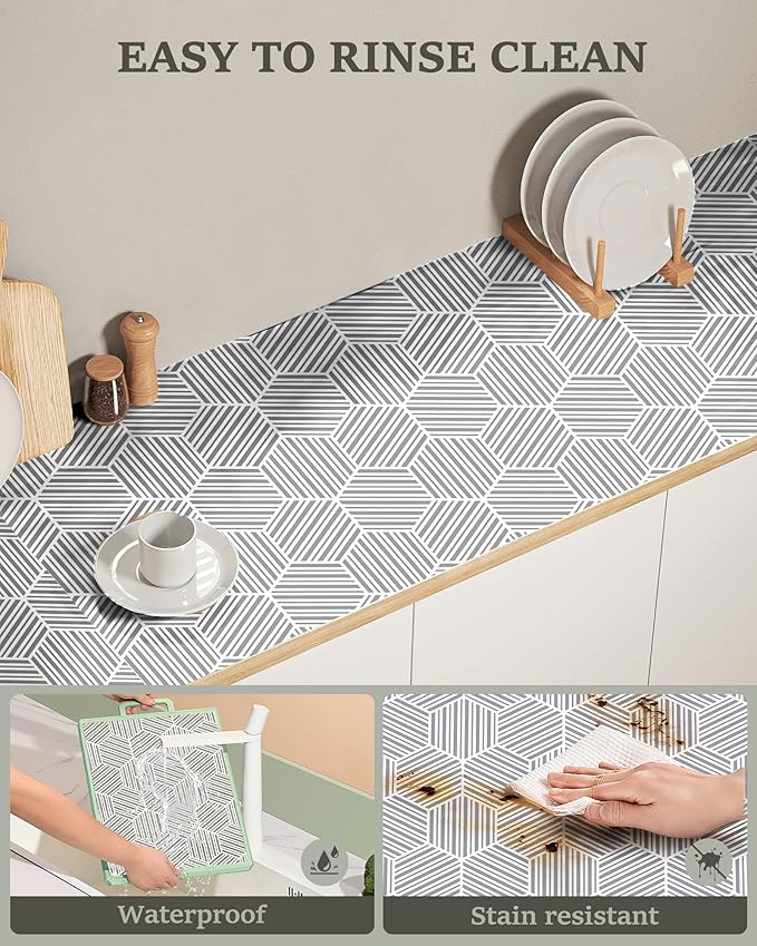 Shelf Liner Drawer Liner for Kitchen Cabinet Non-Adhesive Cabinet Liners Thickened Slip Resistant Waterproof Shelf Paper Protect Cupboard Dresser Shelves, Gray Hexagonal Geometric Stripe 11.8In x 10FT - Image 4