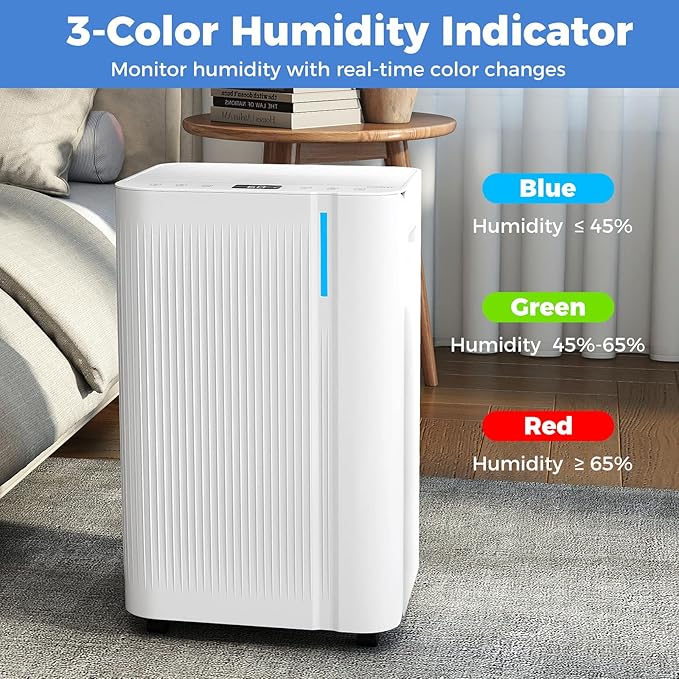 COSTWAY 54 Pints Dehumidifier for Basement, 4500 Sq.Ft Portable Dehumidifier with Drain Hose, 1.1 Gal Water Tank, 3 Modes, 24 H Timer, 3-Color Light, Auto Defrost, Memory, Child Lock - Image 8