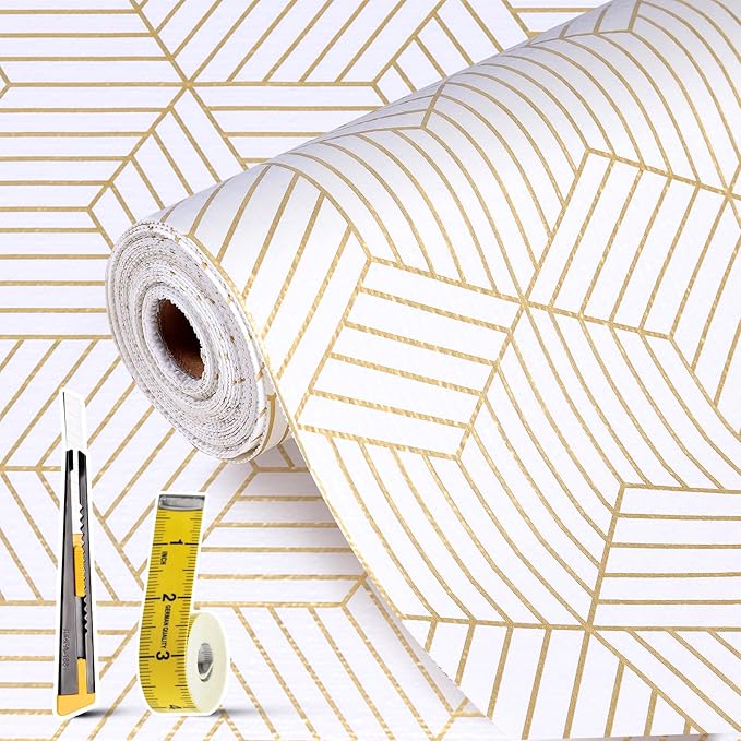 Shelf Liners for Kitchen Cabinets Non Adhesive Shelf Liner Paper Non-Slip Thickened Drawer Liner Easy to Clean for Tool Box Refrigerator with Knife and Tape Measure, Gold Geometric, 17.3 x 354.3 in by Oneoftheworld