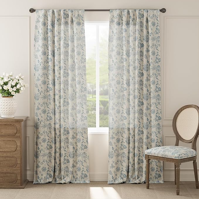 jinchan Linen Floral Curtains for Living Room with Printed Flower 96 Inches Long Light Filtering French Country Back Tab Rod Pocket Blue Window Curtain Set Farmhouse Drapes 2 Panels Blue - Image 2