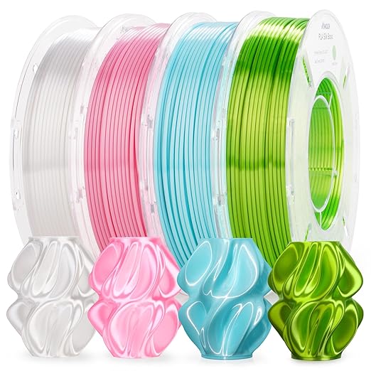 AMOLEN PLA 3D Printer Filament,PLA Filament 1.75mm,Silk Filament Bundle,White,Sakura Pink,Neon Green,Baby Blue, 3D Printing Filament Bundle, 200gX 4 Spools by AMOLEN