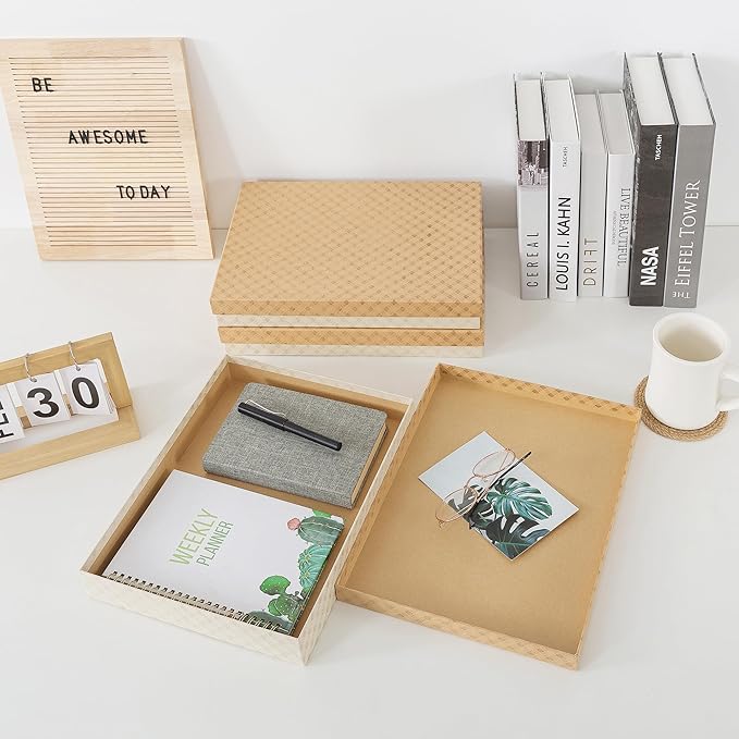 Soul & Lane Document Storage Boxes - Set of 3 (13.2" x 9.8" x 1.8"), Versatile Photo & Craft Organizer for Home & Office, Stackable Cardboard Storage for Letters, Files & Memorabilia, Geometric Check - Image 6