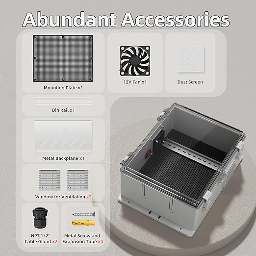 Joinfworld Outdoor Electrical Box Vented Outdoor Enclosure Box Nema Din Rail with Waterproof Clear Enclosure, 16x11x6 ABS Plastic WiFi Box with Fan Dust Screen - Image 4