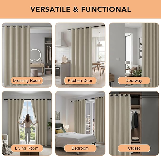 BONZER Room Dividers Curtain - Room Darkening Privacy Noise Reduce Thermal Insulating Window Curtains for Bedroom Living Room Doorway, 96L x 60W Inch (8L x 5W ft), 1 Panel, Cream - Image 5