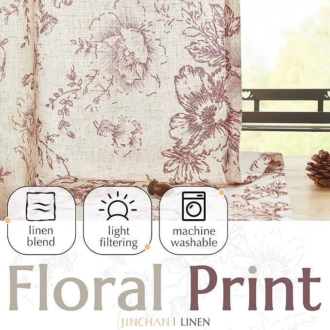 jinchan Linen Blend Curtain Floral Curtains for Living Room 54 Inch Length Farmhouse Brick Red Printed Curtain Rod Pocket Back Tab Peony Flower Patterned Drapes Curtains Set 2 Panels - Image 5