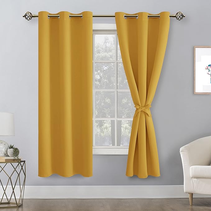 Hiasan Blackout Curtains for Bedroom and Living Room, Light Blocking, Noise Reducing Window Curtain Panels, Tiebacks Included, Set of 2, Grommet Top (Mustard Yellow, Width 42 Inch x Length 72 Inch) - Image 2
