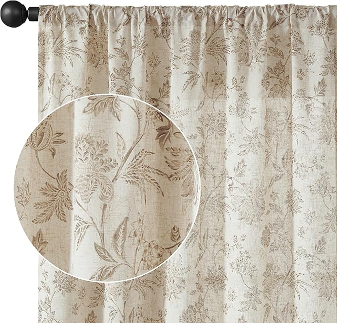 jinchan Linen Floral Curtains for Living Room with Printed Flower 84 Inches Long Light Filtering French Country Back Tab Rod Pocket Taupe Window Curtain Set Farmhouse Drapes 2 Panels Taupe - Image 9