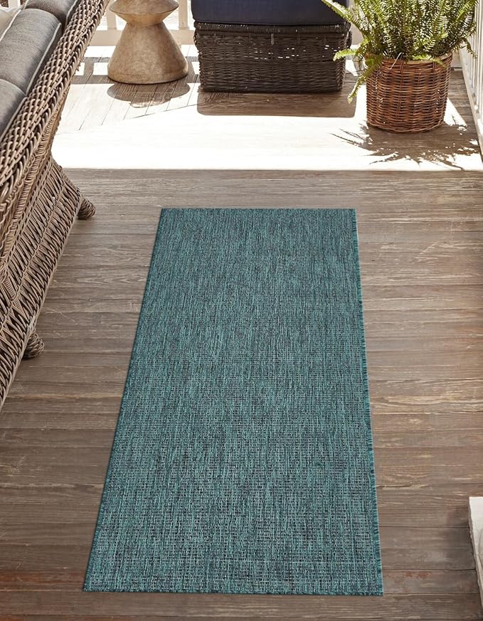 Unique Loom Outdoor Solid Collection Area Rug (2' 7" x 12' Runner Teal/Navy Blue) by UniqueLoom