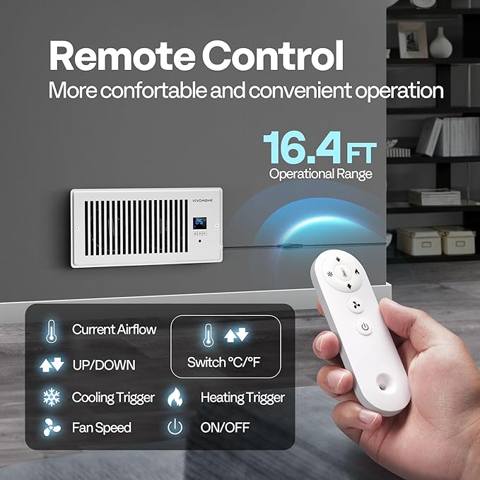 VIVOHOME 4"x10" Opening Smart Vent Register Booster Fan with Intelligent Thermostat & 10-Speed Remote Control - 11.4" x 5.5‘’ Vent Cover for Room, Floor, Wall - White - Image 5