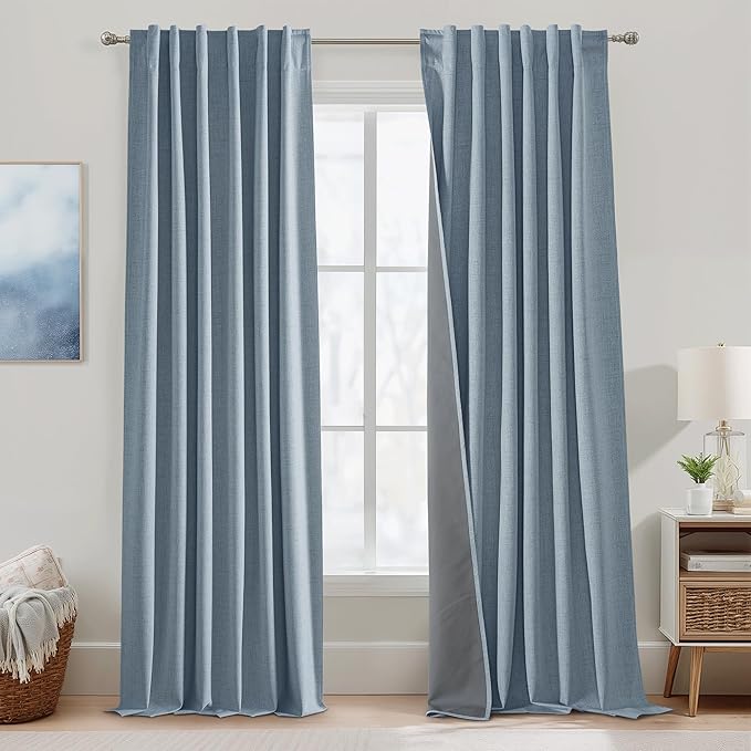 RYB HOME Linen Texture Curtains for Bedroom, 100% Blackout Thermal Insulated Curtains, Rod Pocket&Back Tab Room Darkening Drapes Luxury Decor for Living Room Nursery, W52xL90g, 2 Panels, Smoky Blue - Image 2