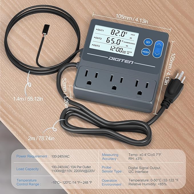 DIGITEN Reptile Temperature and Humidity Controller with Timer Outlet, Day-Night Function Thermostat, 3-Stage Outlet Plug in Temperature Controller for Reptile, Mushroom, Homebrew - Image 3