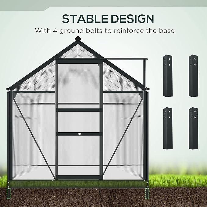 Outsunny 6' x 10' Greenhouse for Outdoors, Polycarbonate Greenhouse with Rain Gutter and Roof Vent, Aluminum Walk-in Green Houses for Outside for Patio Backyard Garden, Gray - Image 5