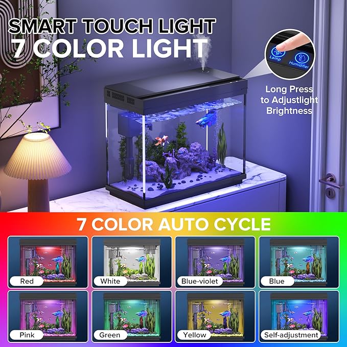Fish Tank, 2.4 Gallon Fish Aquarium, Fish Tank Starter kit with Smart Humidifier, Temperature Display, 7-Color Lighting, 3 in 1 Quiet Pump with Filteration & Oxygenation & Circulation - Image 5