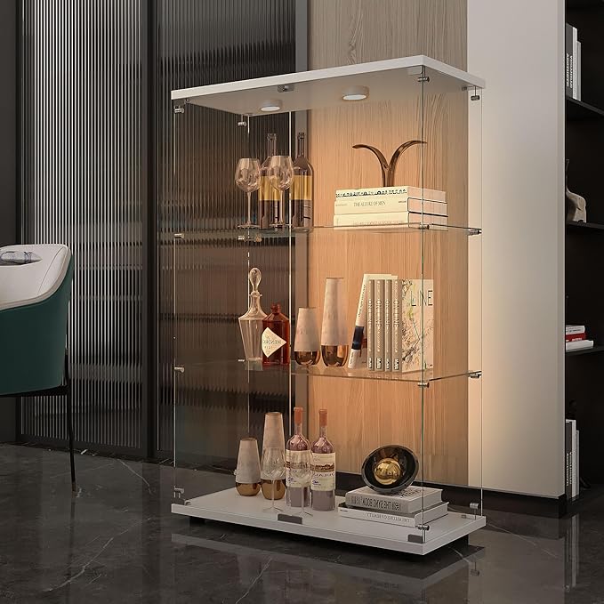 Yoluckea 3-Tier Glass Display Cabinet with Paipai Light, 2-Door Floor Standing Curio Cabinet with Adjustable Floor Feet for Home Office Corner Display, White Glass Bookshelf for Collections and Decor - Image 5