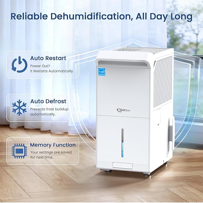 6,000 Sq.Ft Most Efficient Energy Star 2025 Dehumidifier,Vellgoo Max 140 Pint/D Smart Compressor Dehumidifier for Basement with Drain Hose, for Home,Large Rooms - Image 6